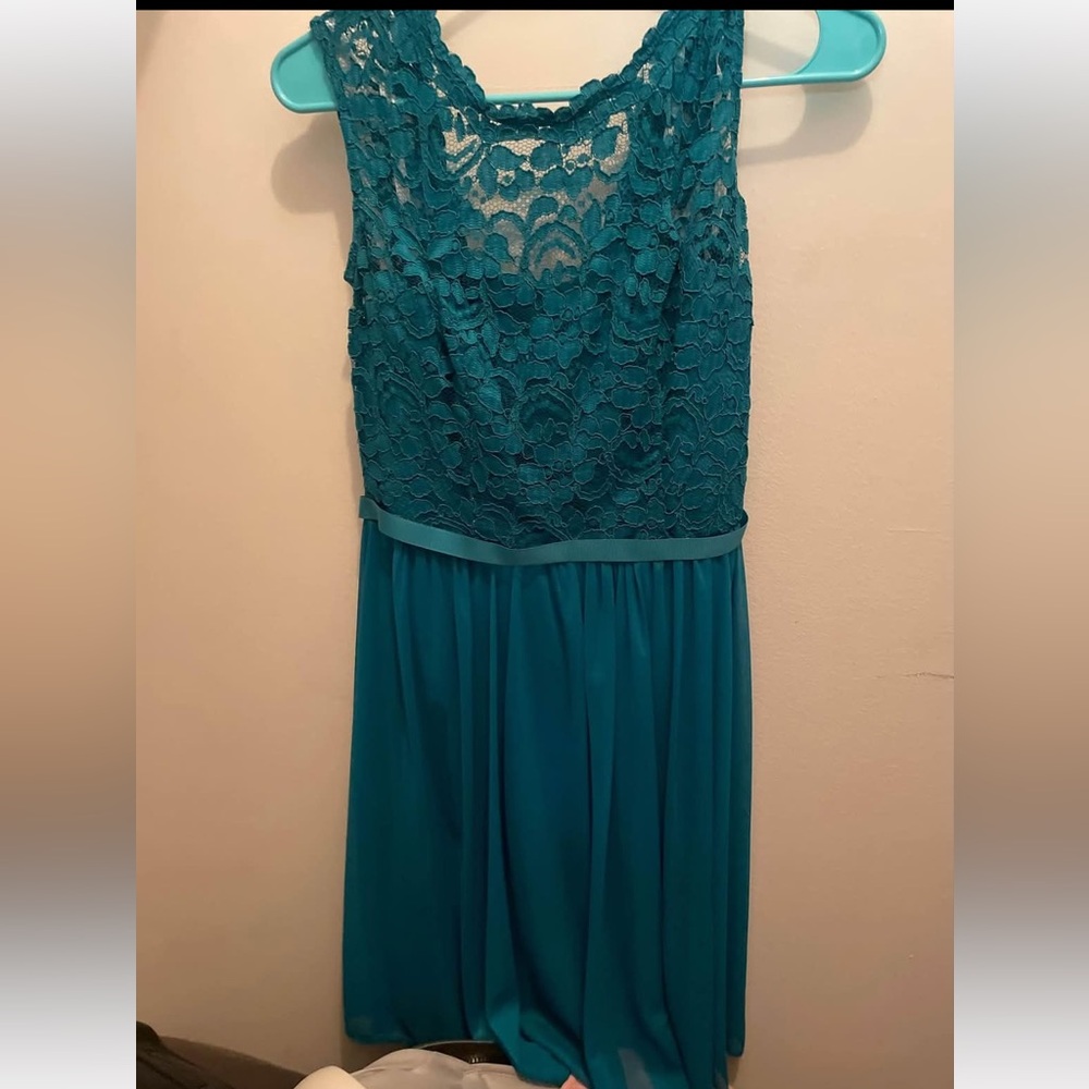 David's Bridal Teal Lace Gown